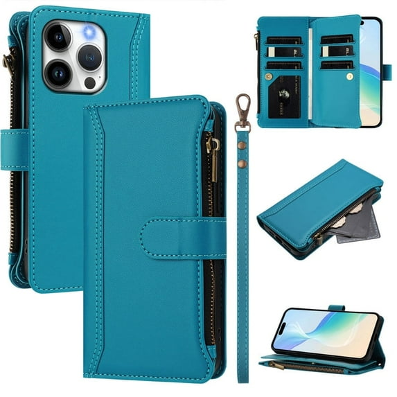 PU Leather Magnetic Snap Flip Zipper Strap Wallet Phone Case Fit for 15 Pro