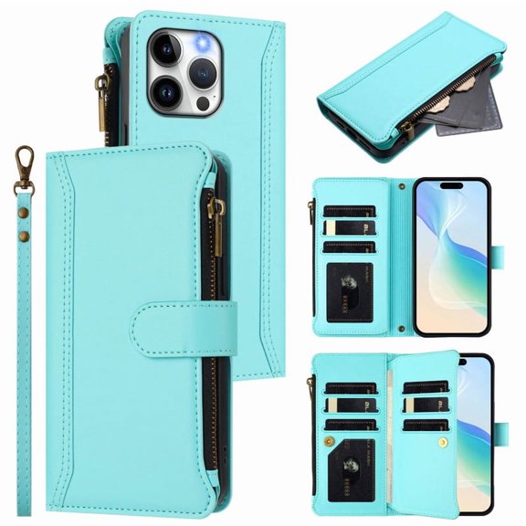 PU Leather Magnetic Snap Flip Zipper Strap Wallet Phone Case Fit for 15 Promax