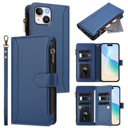 PU Leather Magnetic Snap Flip Zipper Strap Wallet Phone Case Fit for iPhone 15(6.1in)