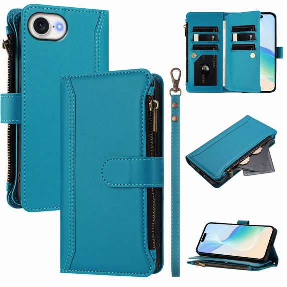PU Leather Magnetic Snap Flip Zipper Strap Wallet Phone Case Fit for iPhone 16E-iPhone SE 2025-iPhone SE4