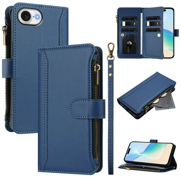 PU Leather Magnetic Snap Flip Zipper Strap Wallet Phone Case Fit for iPhone 16E-iPhone SE 2025-iPhone SE4