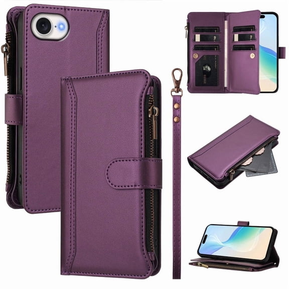 PU Leather Magnetic Snap Flip Zipper Strap Wallet Phone Case Fit for iPhone 16E-iPhone SE 2025-iPhone SE4
