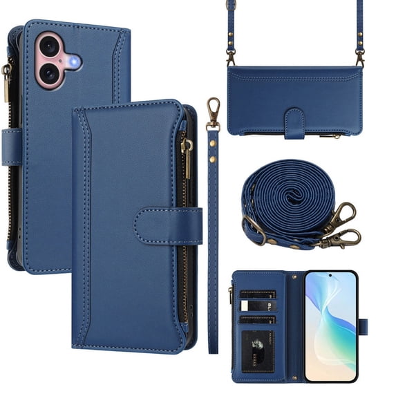 PU Leather Magnetic Snap Flip Zipper Strap Wallet Phone Case Fit for iPhone 16