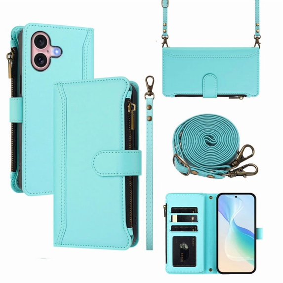 PU Leather Magnetic Snap Flip Zipper Strap Wallet Phone Case Fit for iPhone 16