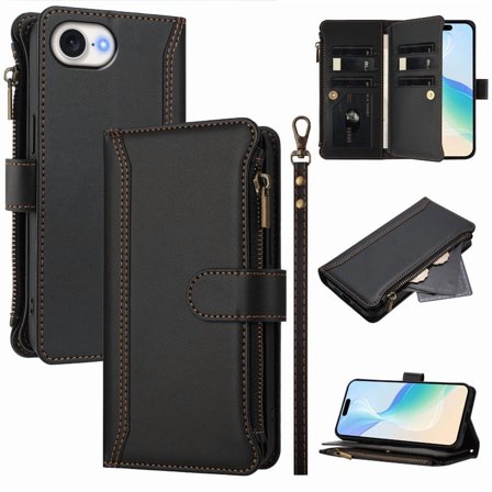 PU Leather Magnetic Snap Flip Zipper Strap Wallet Phone Case Fit foriPhone 16E-iPhone SE 2025-iPhone SE4