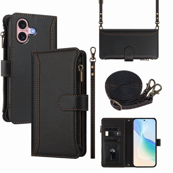 PU Leather Magnetic Snap Flip Zipper Strap Wallet Phone Case Fit foriPhone 16