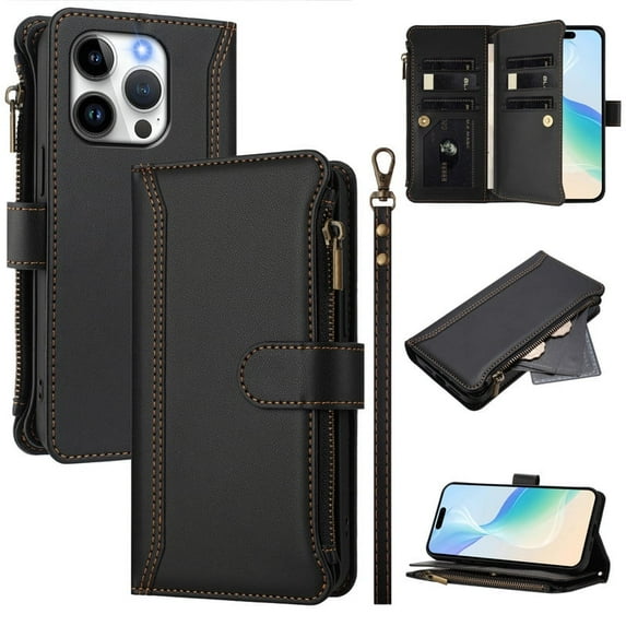 PU Leather Magnetic Snap Flip Zipper Strap Wallet Phone Case Fit foriPhone15 Pro