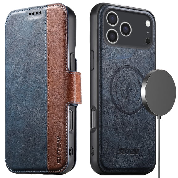 PU Leather Magnetic Wallet Case for iPhone 17 Pro Max 2 in 1 Detachable Cover Compatible with MagSafe & Wireless Charging, 3 Card Slots/Holder, Kickstand, 360° Shockproof Protection,Blue