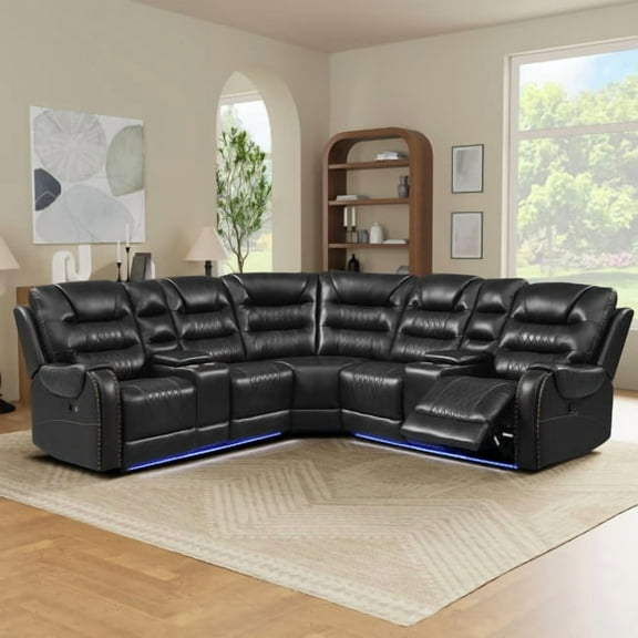 PU Leather Manual Reclining Sectional Sofa Set L Shaped Symmetrical Motion Sofa Corner Couch Sets with Storage Boxes, 4 Cup Holders and LED Light Strip for Living Room,Black