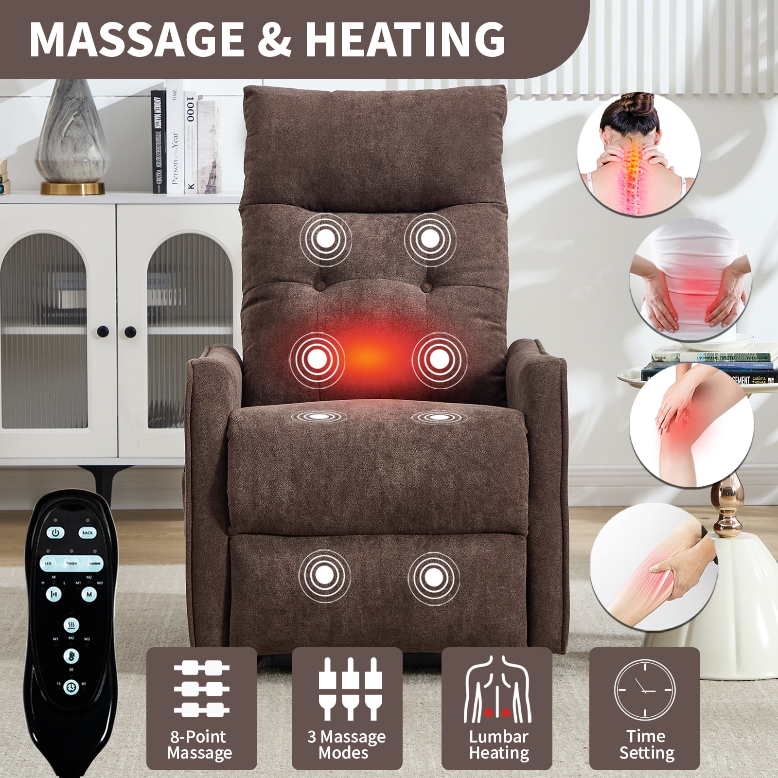 Power Lift Recliner Chair with Massage and Heat for Elderly, Heavy Duty Single Motor Lift Chair with USB Port, Easy-Clean Chenille Fabric, No Tools Assembly in One Box, Max 155° Reclining