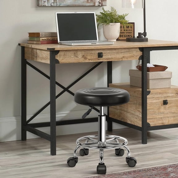 PU Leather Modern Round Rolling Stool with Footrest Height Adjustable Spa Drafting Salon Tattoo Work Massage Stools Task Chair Small (Black)