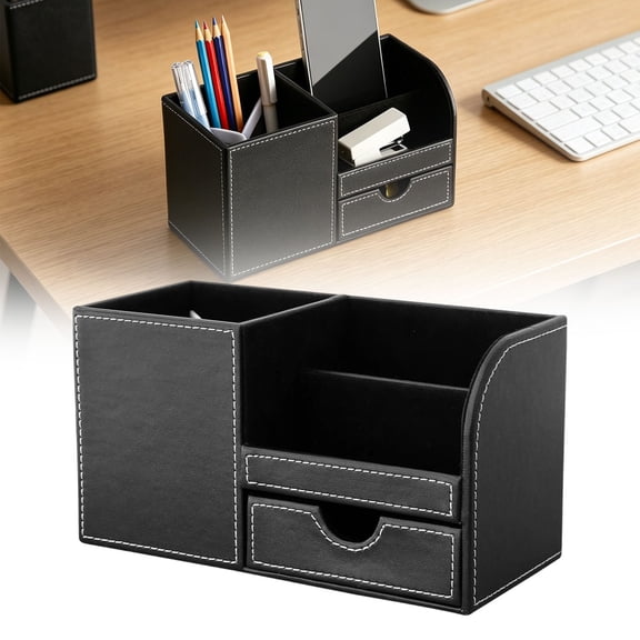 PU Leather Multi-Function Storage Box, 22.5x12x10cm Desktop Organizer with Drawer for Pens Phone Business Cards Remote Control