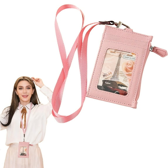 PU Leather Neck Lanyard Card Holder, Blocking Badge Wallet with Detachable Strap, ID and Access Card Holder for Work, Travel, Events, Conference, Gym, RFID Blocking, Hands-Free Carry, Pink