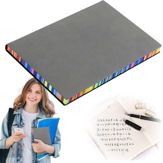 PU Leather Notebook with Rainbow Edge Design - A5 Lined Journal with Colorful Page Edges - Hardcover Writing Notebook for Journaling Office and Daily Use - 1 Book - Gray