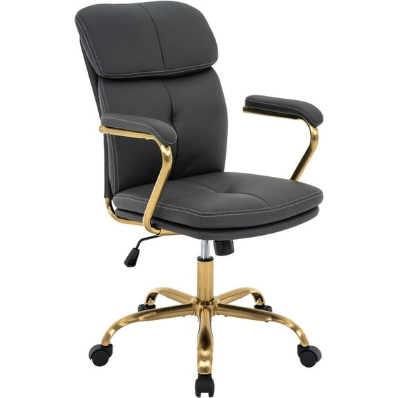 PU Leather Office Chair with Arms, Adjustable Height 360° Swivel with Wheels, Mid-Back Upholstered Desk Chair for Home Office, Vanity, or Study (Dark Grey)