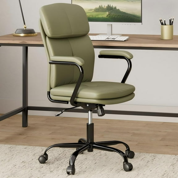 PU Leather Office Chair with Arms, Adjustable Height 360° Swivel with Wheels, Mid-Back Upholstered Desk Chair for Home Office, Vanity, or Study (Olive Green)