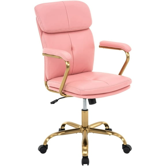 PU Leather Office Chair with Arms, Adjustable Height 360° Swivel with Wheels, Mid-Back Upholstered Desk Chair for Home Office, Vanity, or Study (Pink)