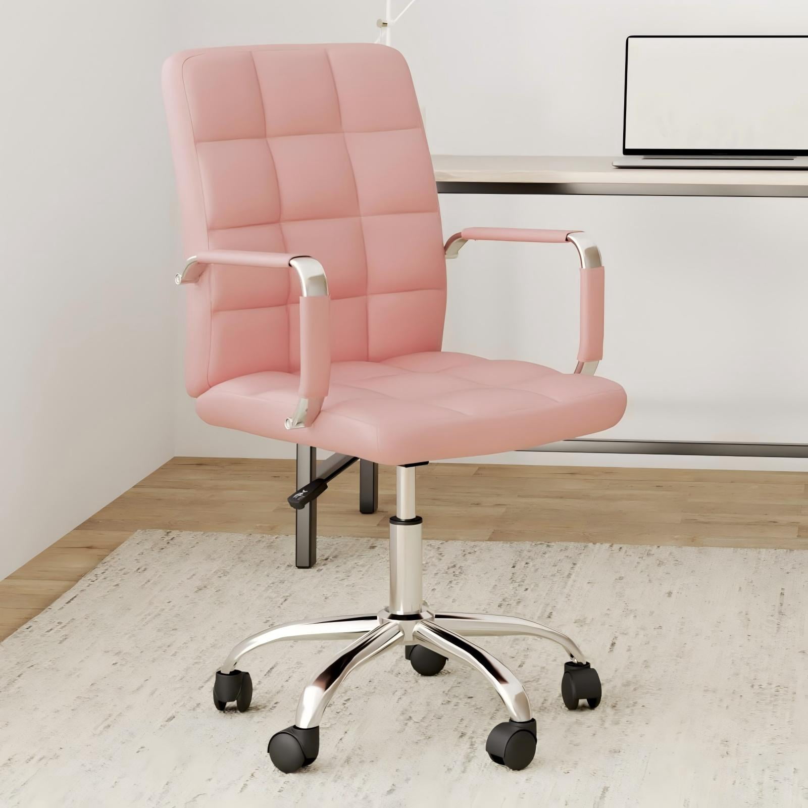 PU Leather Office Chair with Arms, Adjustable Height, Swivel Rolling Desk Chair, Mid-Back Upholstered Modern Chair for Home, Study, or Vanity, Light Pink