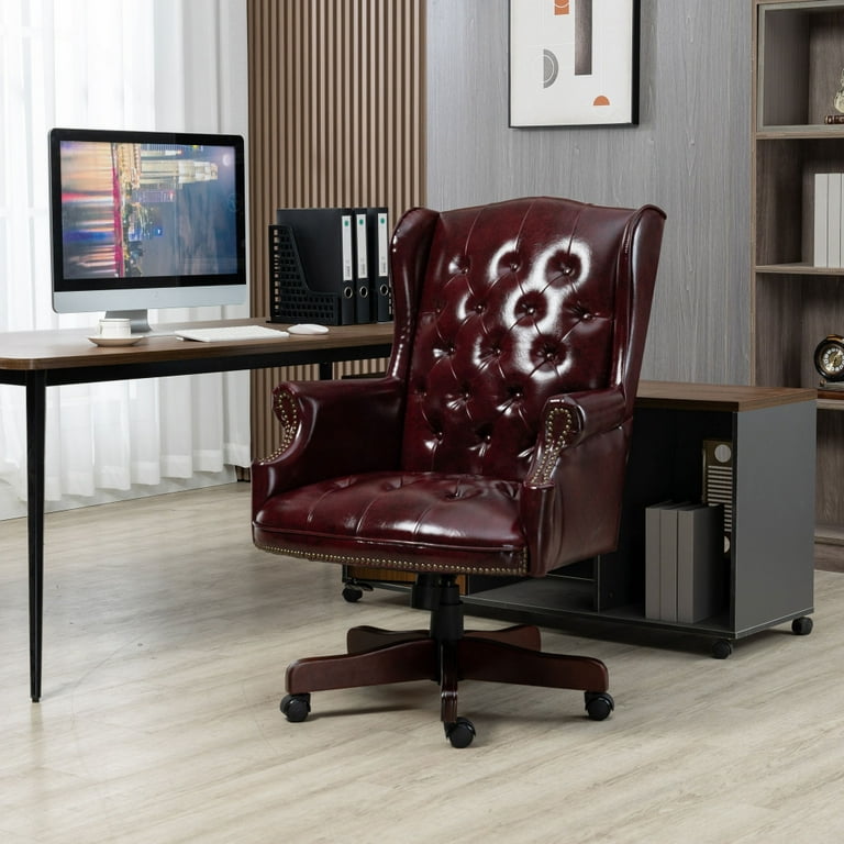 PU Leather Office Chair, High Back Reclining Comfortable Desk Chair with  Nailhead and Adjustable Backrest, Swivel Home Office Chair with Thick Padded,  Desk Chair with Wheels, Burgundy 