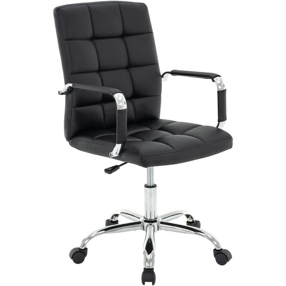 PU Leather Office Chair with Arms, Adjustable Height, Swivel Rolling Desk Chair, Mid-Back Upholstered Modern Chair for Home, Study, or Vanity, Black