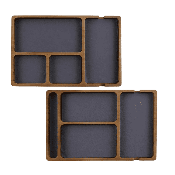 PU Leather Organiser Tray 4 Compartment Wooden Nightstand Organiser Catchall Tray for Phone,Jewelry Desk Dresser Storage,2 * PU leather Organiser Tray,As Shown