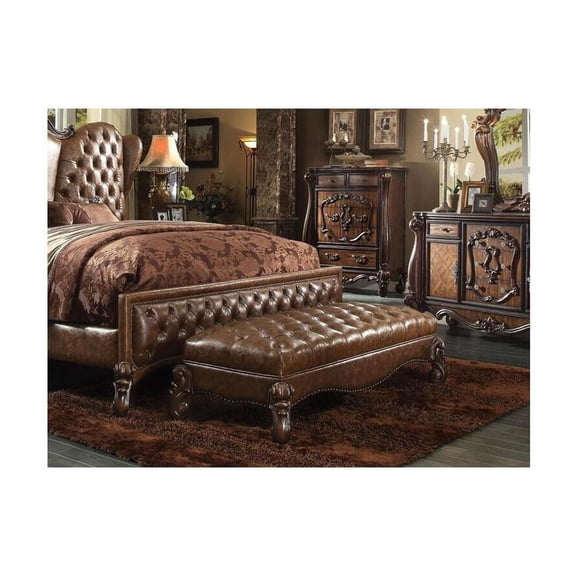 PU Leather Ottoman Bench, Button Tufted Seat, Cherry Oak Finish