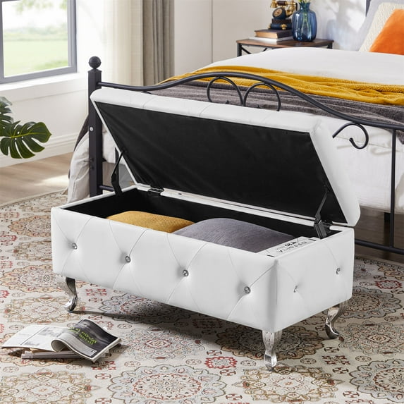 PU Leather Ottoman with Storage, End of Bed Storage Bench with Button, Safety Hinge and Metal LegS, Flip top Ottoman for Living Room, Entryway, Bedroom, White