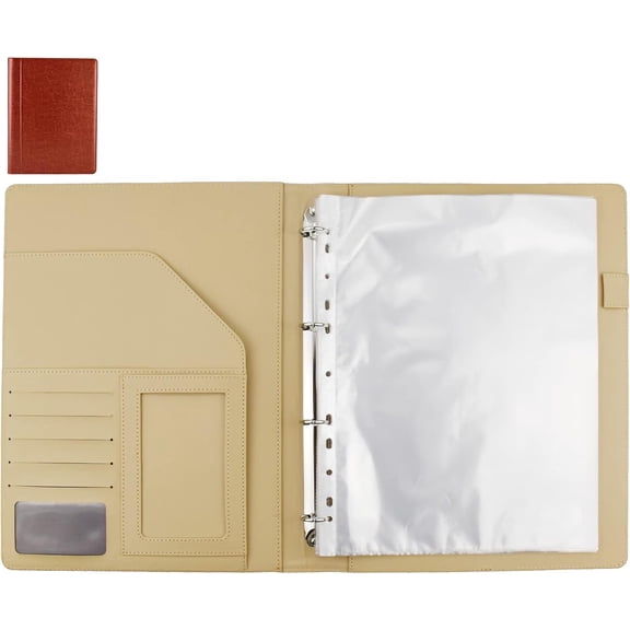 PU Leather Padfolio Ring Binder with Clipboard Resume Leather Portfolio with 20 Clear Plastic Sleeves Brown
