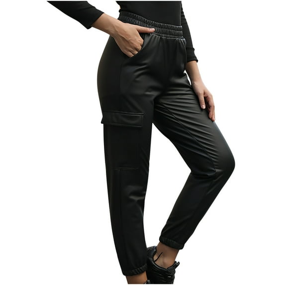 PU Leather Pants for Women Sexy Tight Stretchy Beam Foot Elastic Waist Pants Trousers Cargo Pants with Flap Pockets
