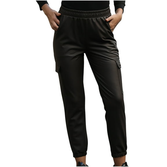 PU Leather Pants for Women Tight Stretchy Beam Foot Elastic Waist Pants Trousers Cargo Pants with Flap Pockets