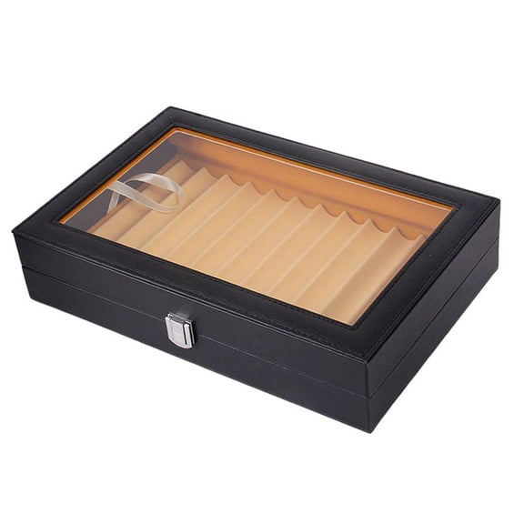 PU Leather Pen Display Fountain Pen Organizer Box, Glass Pen Display Case Storage Box with Lid, Window Pen Collection Display Case Black