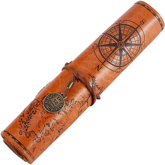 PU Leather Pencil Bag Strap Vintage Treasure Map Compass Cover Rollup Storage Organizer Retro Pen Bag Wrap Roll Case Holder Portable Stationery Pouch with Alloy Charming Rectangle(Peru)