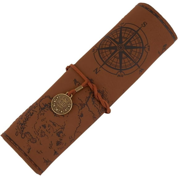PU Leather Pencil Bag Strap Vintage Treasure Map Compass Cover Rollup Storage Organizer Retro Pen Bag Wrap Roll Case Holder Portable Stationery Pouch for Artist Drawing Makeup Camel