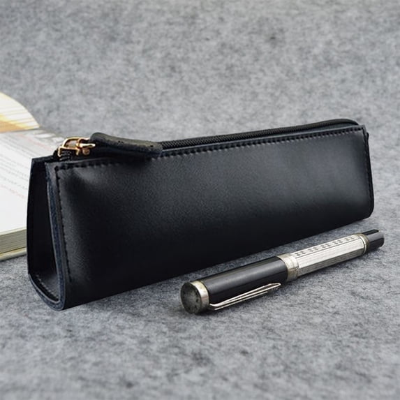 PU Leather Pencil Case - Large Capacity 10+ Pen Holder - Vintage Matte Zippered Stationery Bag for Students, Teachers & Office (8.07 x 2.36 in) - Black/Brown/Red