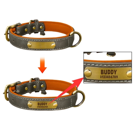 PU Leather Personalized Dog Collar Soft Padded Custom ID Nameplate Number Engraved