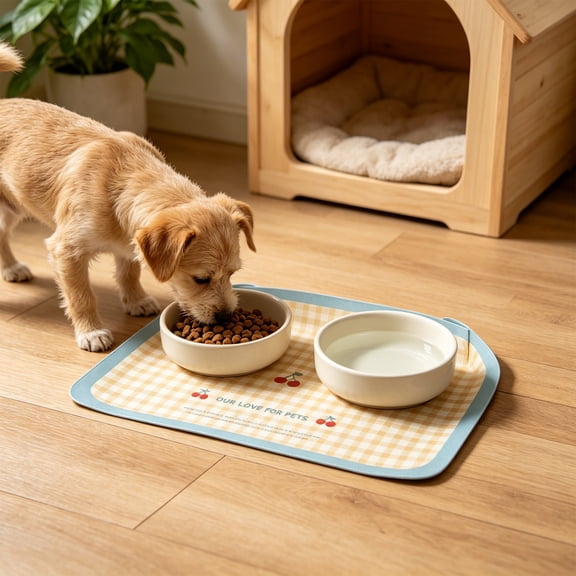 PU Leather Pet Feeding Mat Rectangular, Spill Guard Raised Border, Waterproof Non Slide Placemat For Cats Dogs