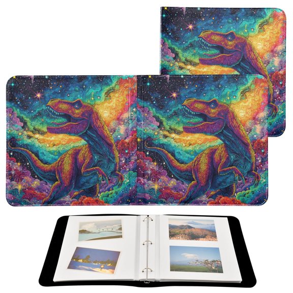PU Leather Photo Album with 20 Self-Adhesive Pages 3-Ring Binder DIY Scrapbook Album for Pictures & Keepsakes11.811.21.5in Line Art Dinosaur Space Art
