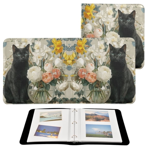 PU Leather Photo Album with Self-Adhesive Pages Scrapbook DIY Picture Holds 20+ Sheets Black Cat and Glass Vase