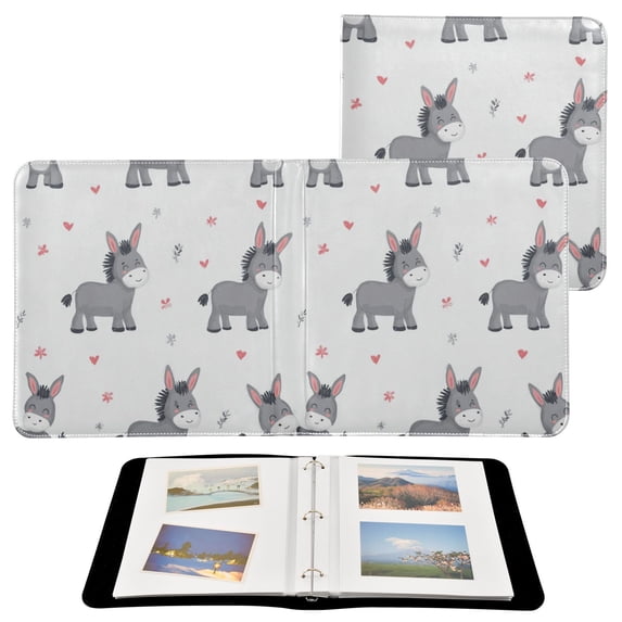 PU Leather Photo Album with Self-Adhesive Pages Scrapbook DIY Picture Holds 20+ Sheets Grey Cute Donkeys Pattern