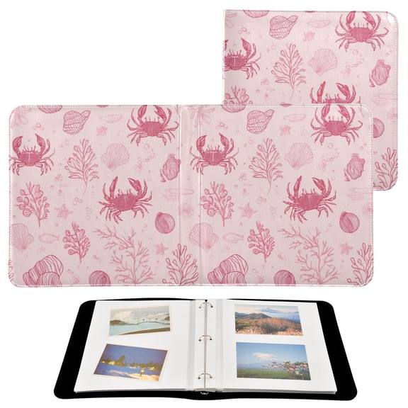 PU Leather Photo Album with Self-Adhesive Pages Scrapbook DIY Picture Holds 20+ Sheets Pink Line Art Sea Life Pattern