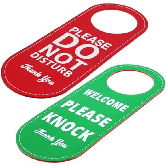 PU Leather Please Do Not Disturb Sign and Welcome Please Knock Sign, Door Knob Privacy Signs for Office Clinic Dorm Online Class Video and Meeting Session, 1 Pack, Green/Red Double Sided