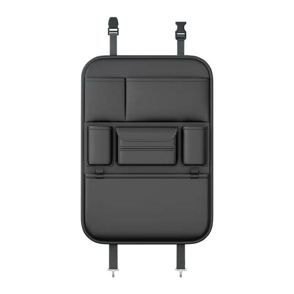 PU Leather Premium Car SeatBack Organizer Travel Accessories Kick mats Back seat Protector and Cup Holder Holder Universal Use Seat Covers Black