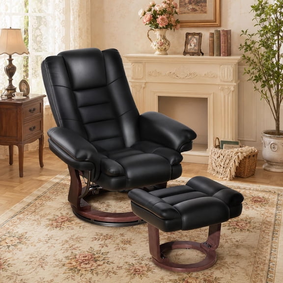360° Swivel Recliner Chair with Ottoman, PU Leather Ergonomic Lounge Chair with Footrest, Adjustable High Back Reclining Chair with Wood Base for Living Room, Bedroom, Office
