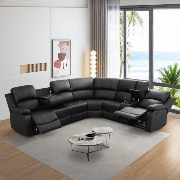 PU Leather Recliner Sofa Set,Manual Reclining Sectional Couch Set with Cup Holders,Living Room Furniture,Recliner Couch Set for Living Room Home Office (Black, Sectional)