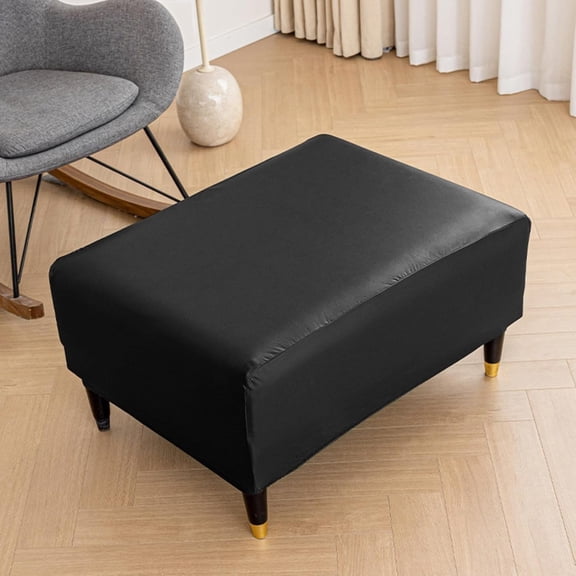 PU Leather Rectangle Square Ottoman Cover, Waterproof Storage Ottoman Slipcovers Footrest Covers Non Slip Footstool Furniture Protector (Black,Square-S)