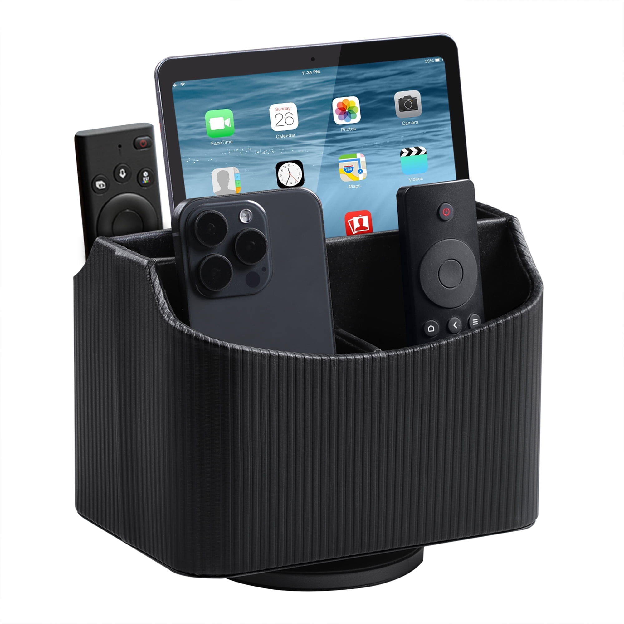 PU Leather Remote Control Holder, 360 Degree Rotating Desk Organizer Storage Table Remote Caddy, Spinning Bedside Organizer Nightstand Organizer for Desktop Office Home (Black)