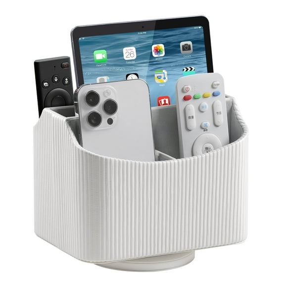 PU Leather Remote Control Holder, 360 Degree Rotating Desk Organizer Storage Table Remote Caddy, Spinning Bedside Organizer Nightstand Organizer for Desktop Office Home (White)