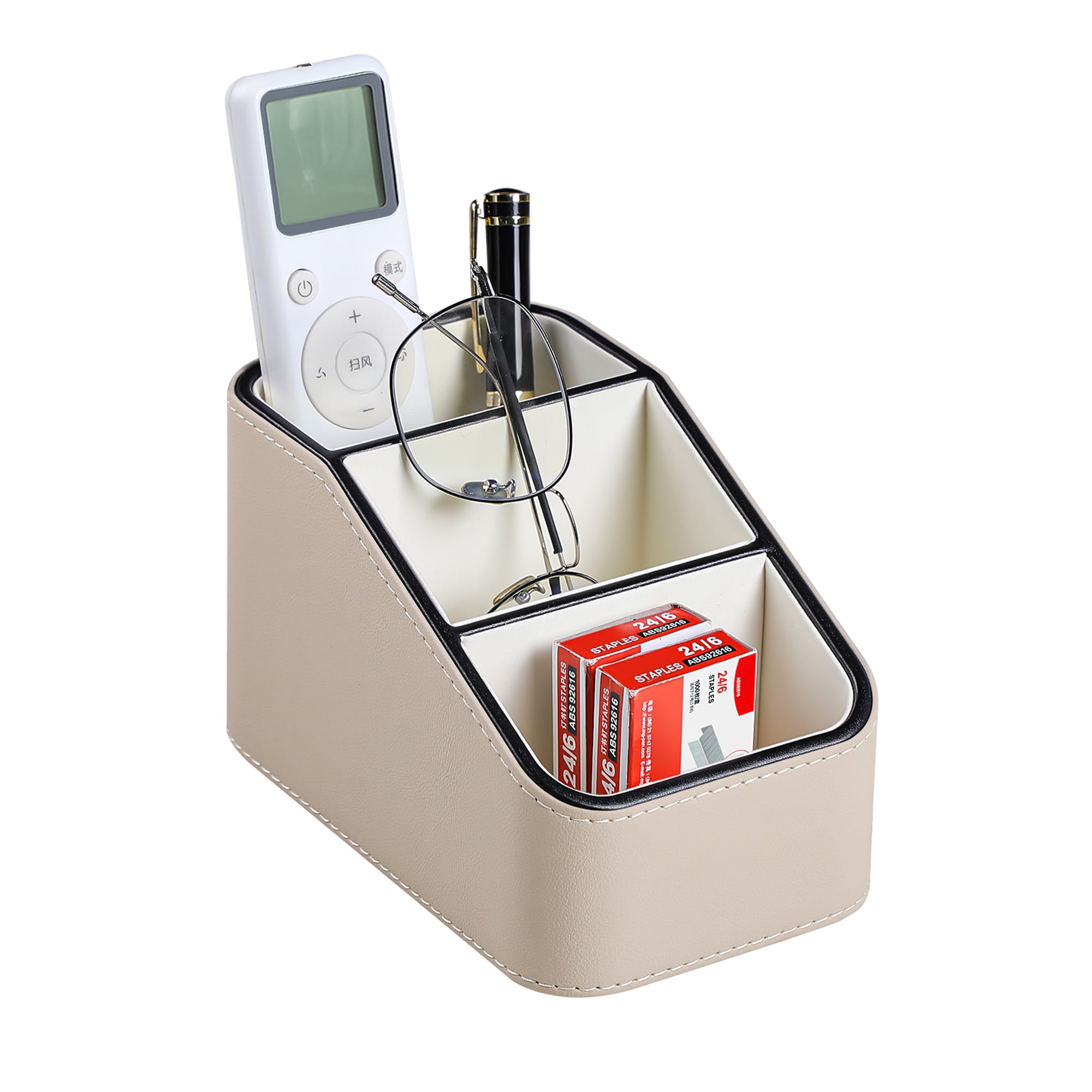 PU Leather Remote Control Holder, Small Desk Organizer Office Supply Bedside Caddy for Nightstand End Table Couch, Pen Remote Organizer with 3 Compartments (Beige)