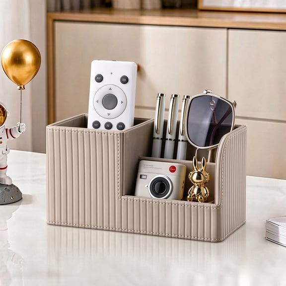 PU Leather Remote Control Holder and Desk Organizer for Desk or Nightstand, 3-Compartment Caddy for TV Remotes, Pens, Pencils and Cell Phone, Beige