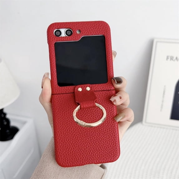 PU Leather Ring Holder Kickstand Case for Samsung Galaxy Z Flip 5 4 3 5G Z Flip3 /Flip4 /Flip5 Matte Retro Luxury Shockproof Vintage Phone Cases Cover (red,for Samsung Z Flip 5)